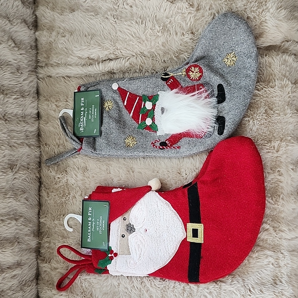 Balsam & Fir Christmas Stockings 17 inch Gnome Santa Felt Embroidery 2 each